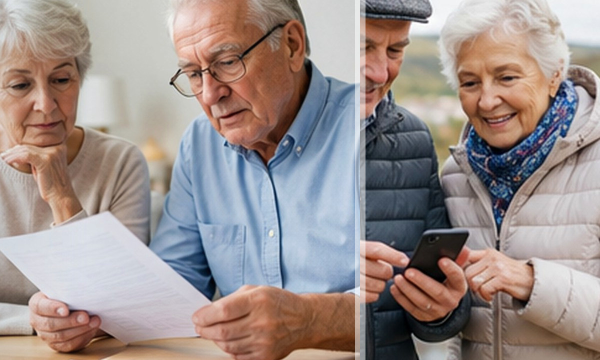 Cuplu de seniori planificând un traseu pe telefon în aer liber